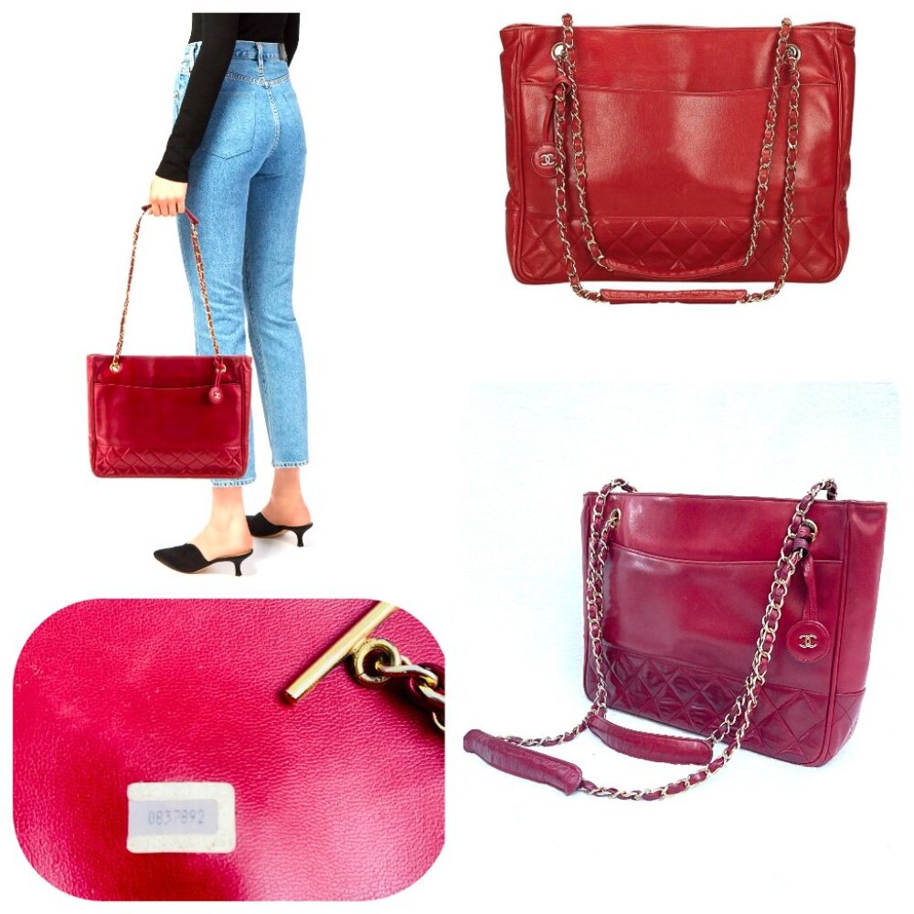 Chanel vintage red quilted Lambskin 24K chain/CC Logo charm tote shoulder bag